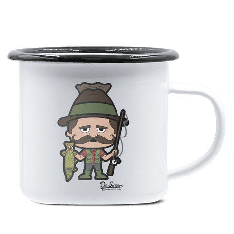 Da Sinzer Angler Emaille Tasse 375ml Weiss Schwarz Hochries Front