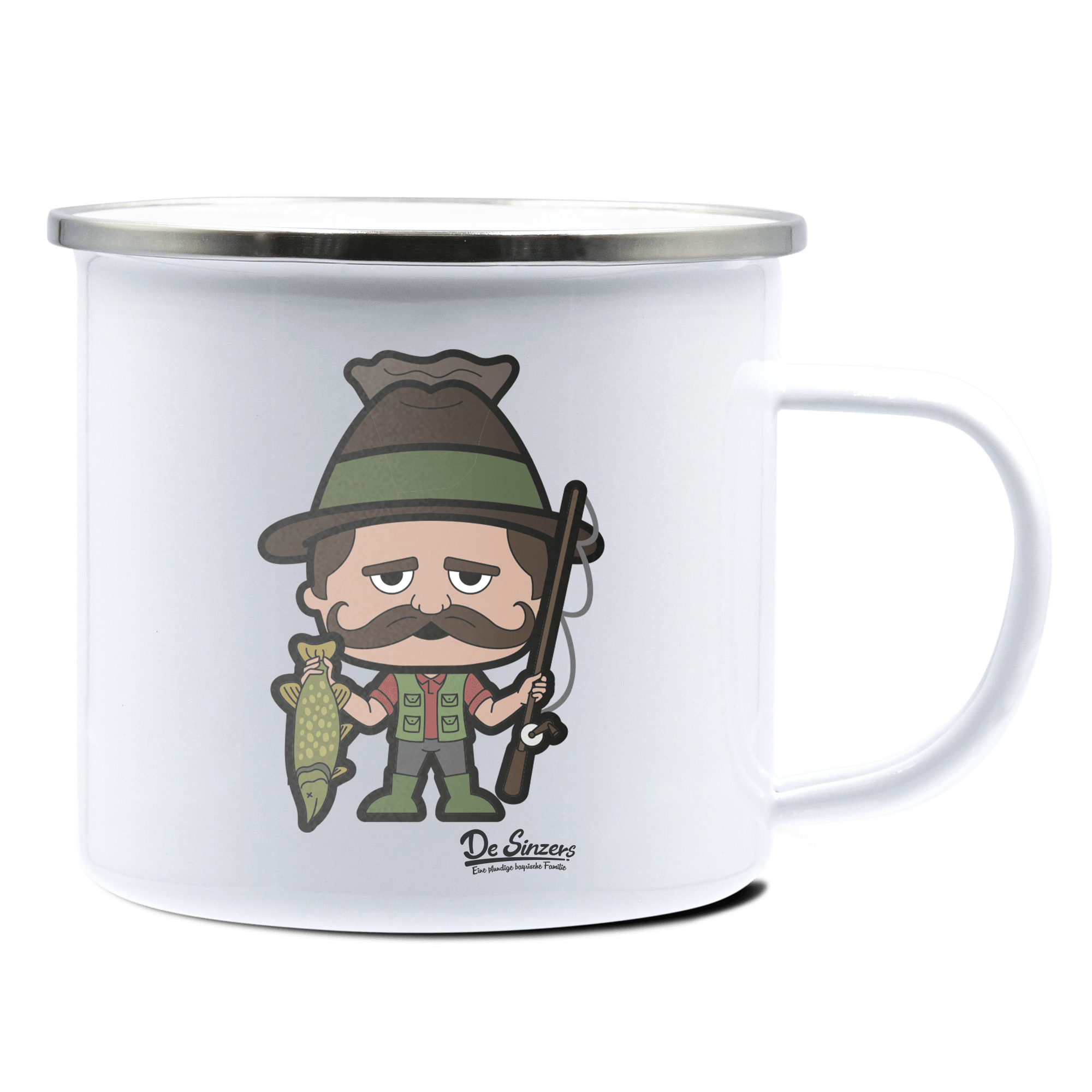 Da Sinzer Angler Emaille Tasse 375ml Weiss Silber Kampenwand Front