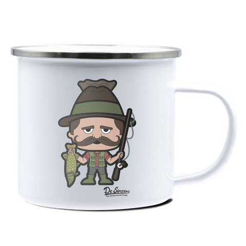Da Sinzer Angler Emaille Tasse 375ml Weiss Silber Kampenwand Front
