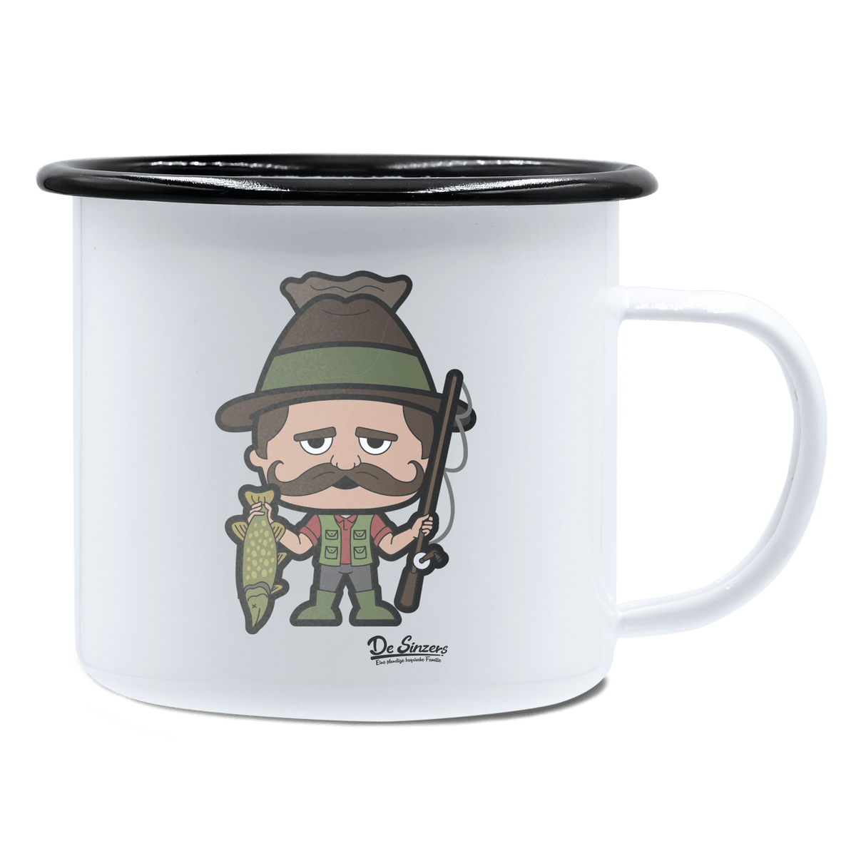 Da Sinzer Angler Emaille Tasse 450ml Weiss Schwarz Spitzstein Front