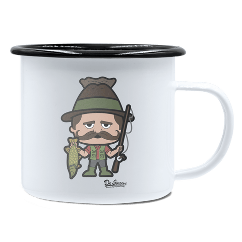 Da Sinzer Angler Emaille Tasse 450ml Weiss Schwarz Spitzstein Front