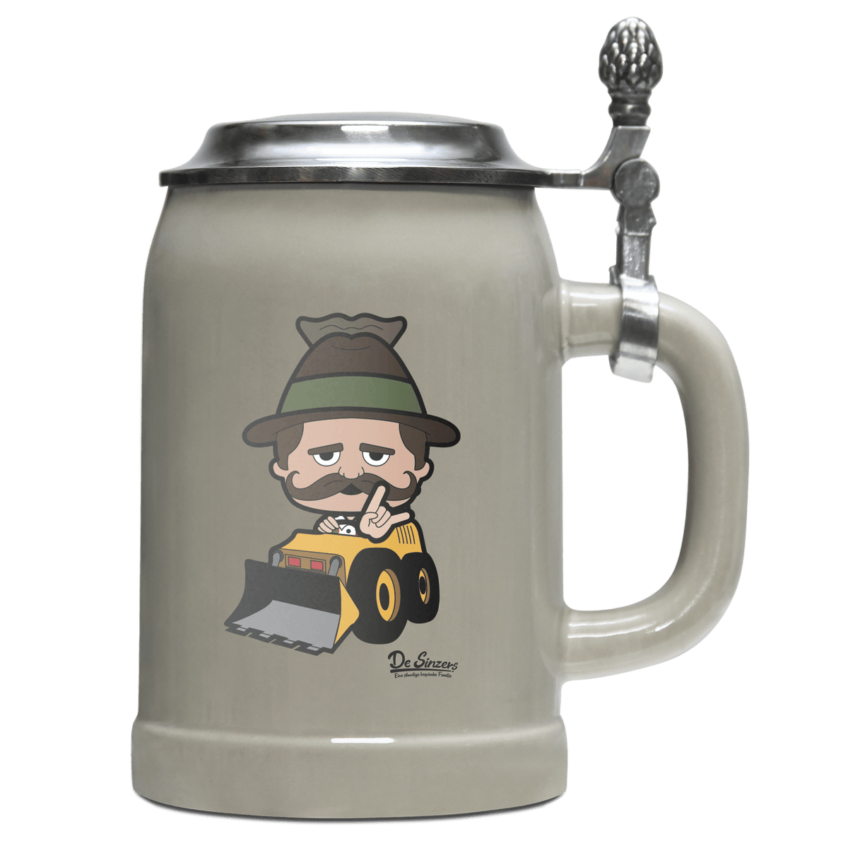 Da Sinzer Baggerfahrer Bierkrug 500ml Grau mit Deckel Hocheck Front