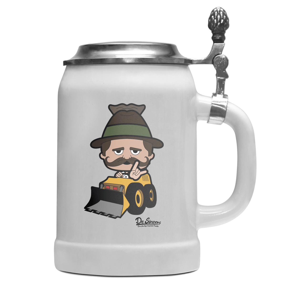 Da Sinzer Baggerfahrer Bierkrug 500ml Weiss mit Deckel Wetterspitzen Front