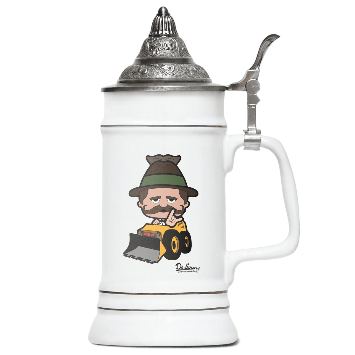 Da Sinzer Baggerfahrer Bierkrug 500ml Weiss mit Spitzdeckel Wendelstein Front