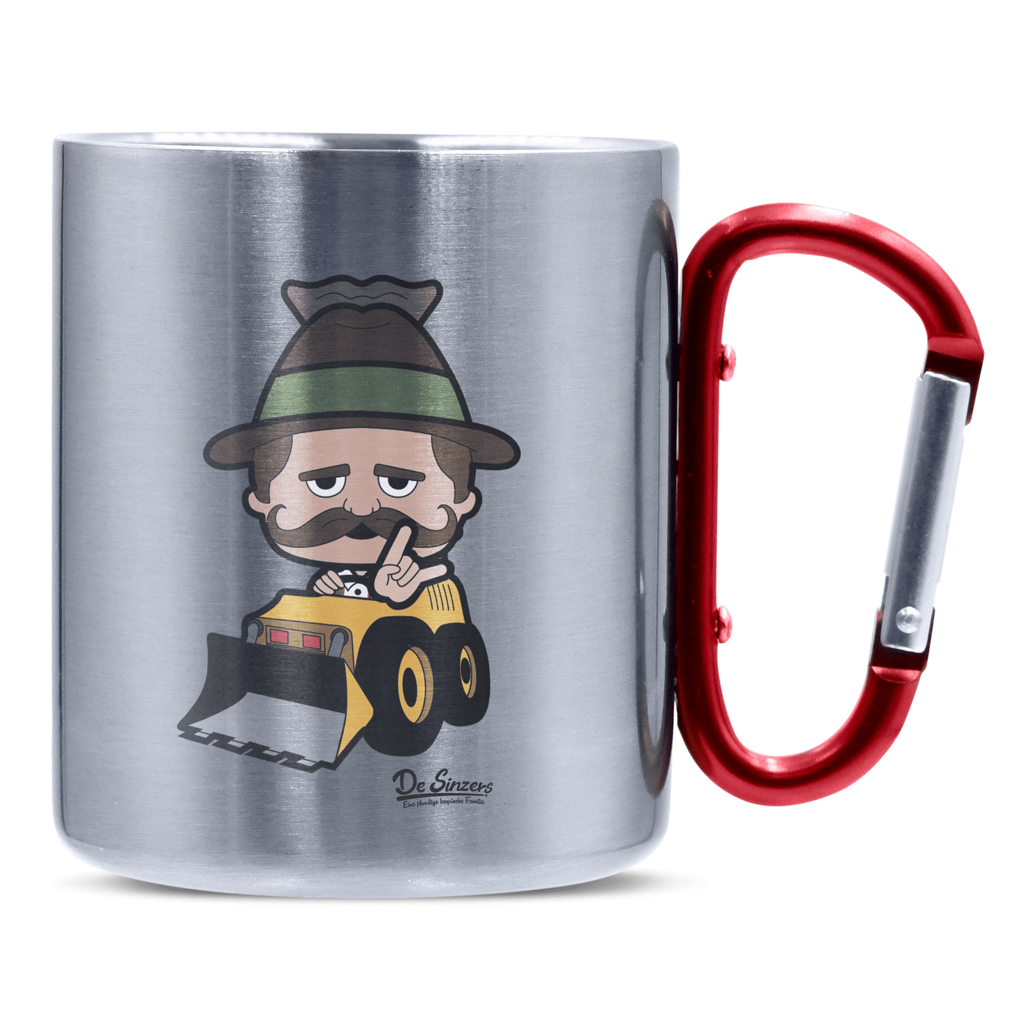 Da Sinzer Baggerfahrer Edelstahl Kaffeetasse roter Karabiner 320ml Kitzstein Front