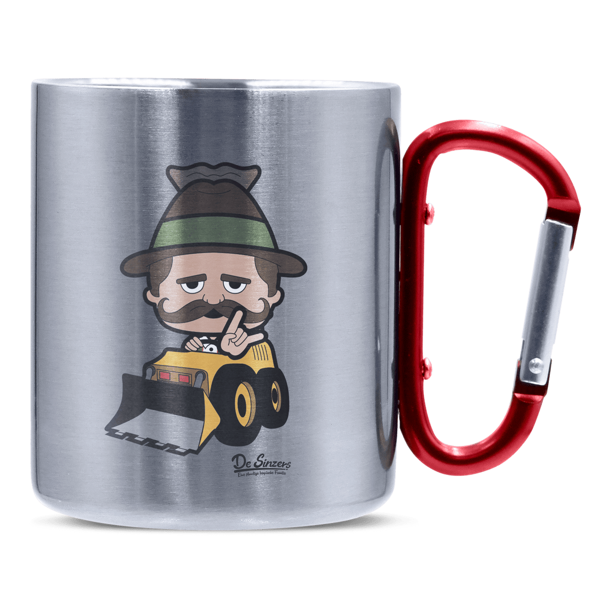 Da Sinzer Baggerfahrer Edelstahl Kaffeetasse roter Karabiner 320ml Kitzstein Front