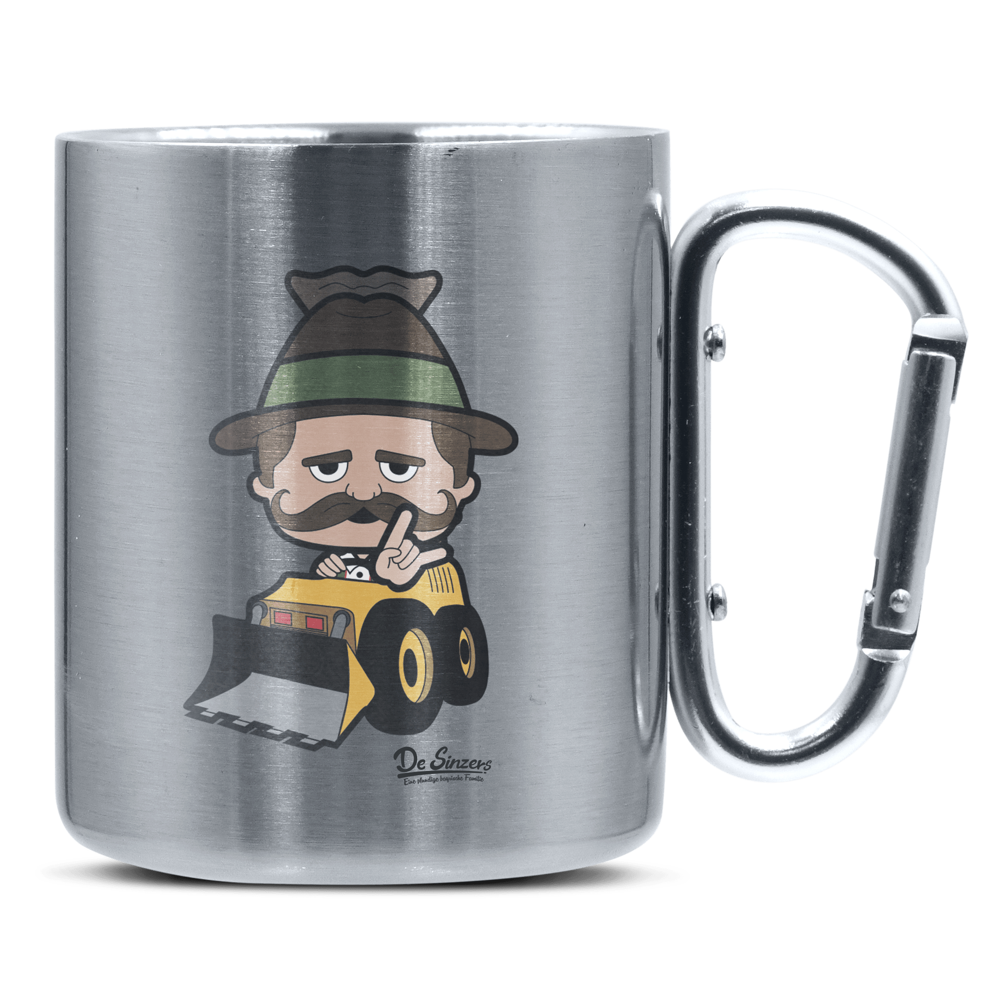 Da Sinzer Baggerfahrer Edelstahl Kaffeetasse silberer Karabiner 320ml Grosser Traithen Front