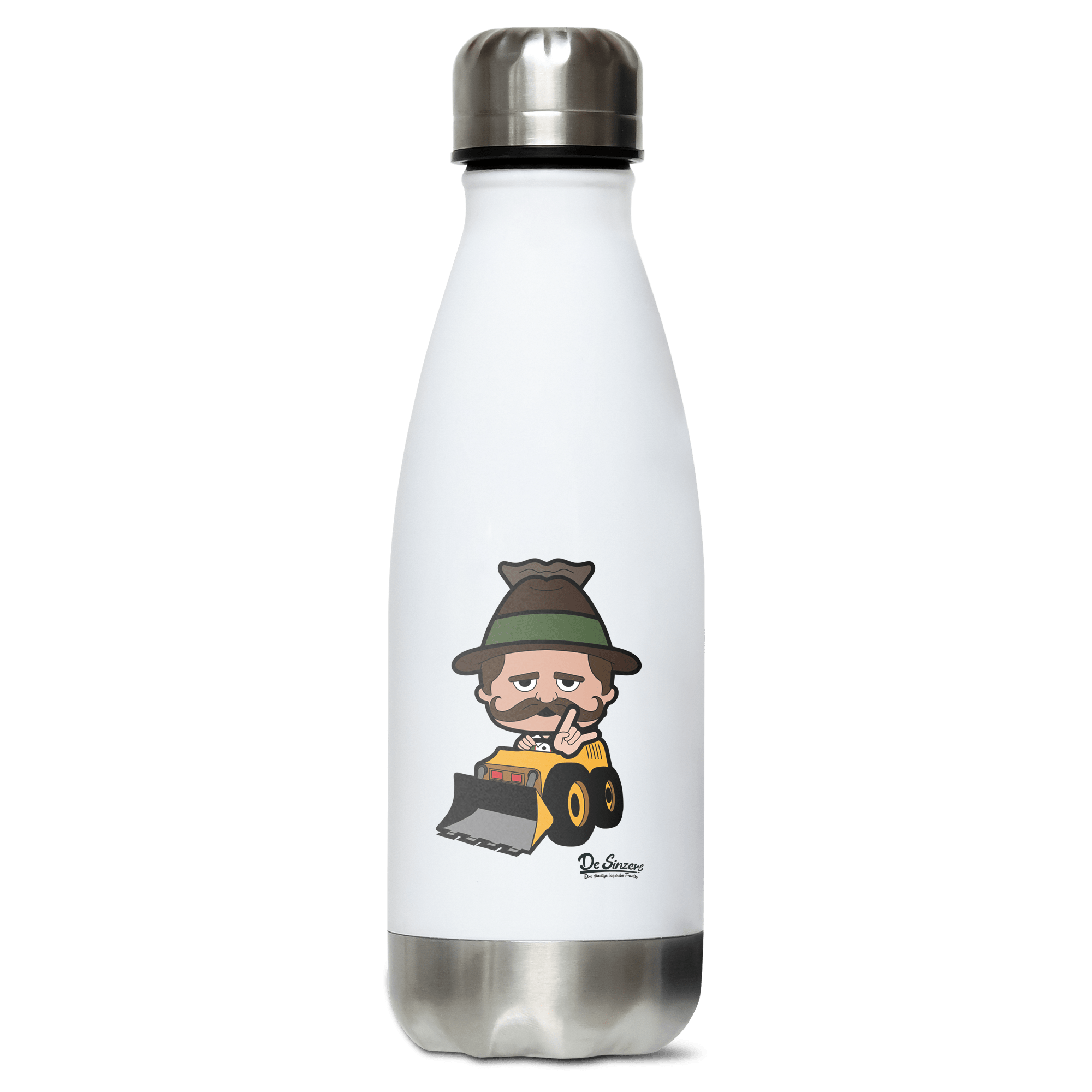 Da Sinzer Baggerfahrer Edelstahl Thermoflasche 350ml Weiss Silber Kreuzspitze Front
