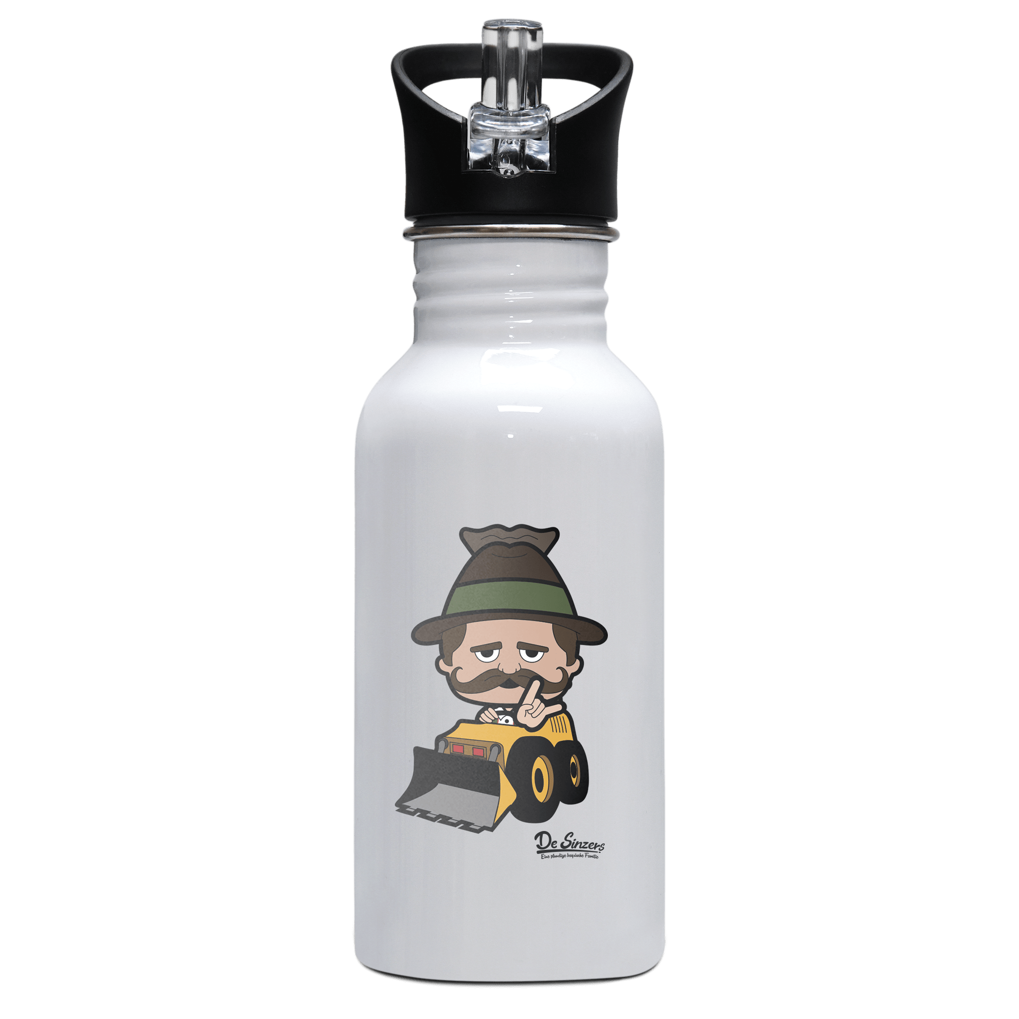 Da Sinzer Baggerfahrer Edelstahl Trinkflasche mit klappbarem Mundstueck 500ml Weiss Rotwand Front