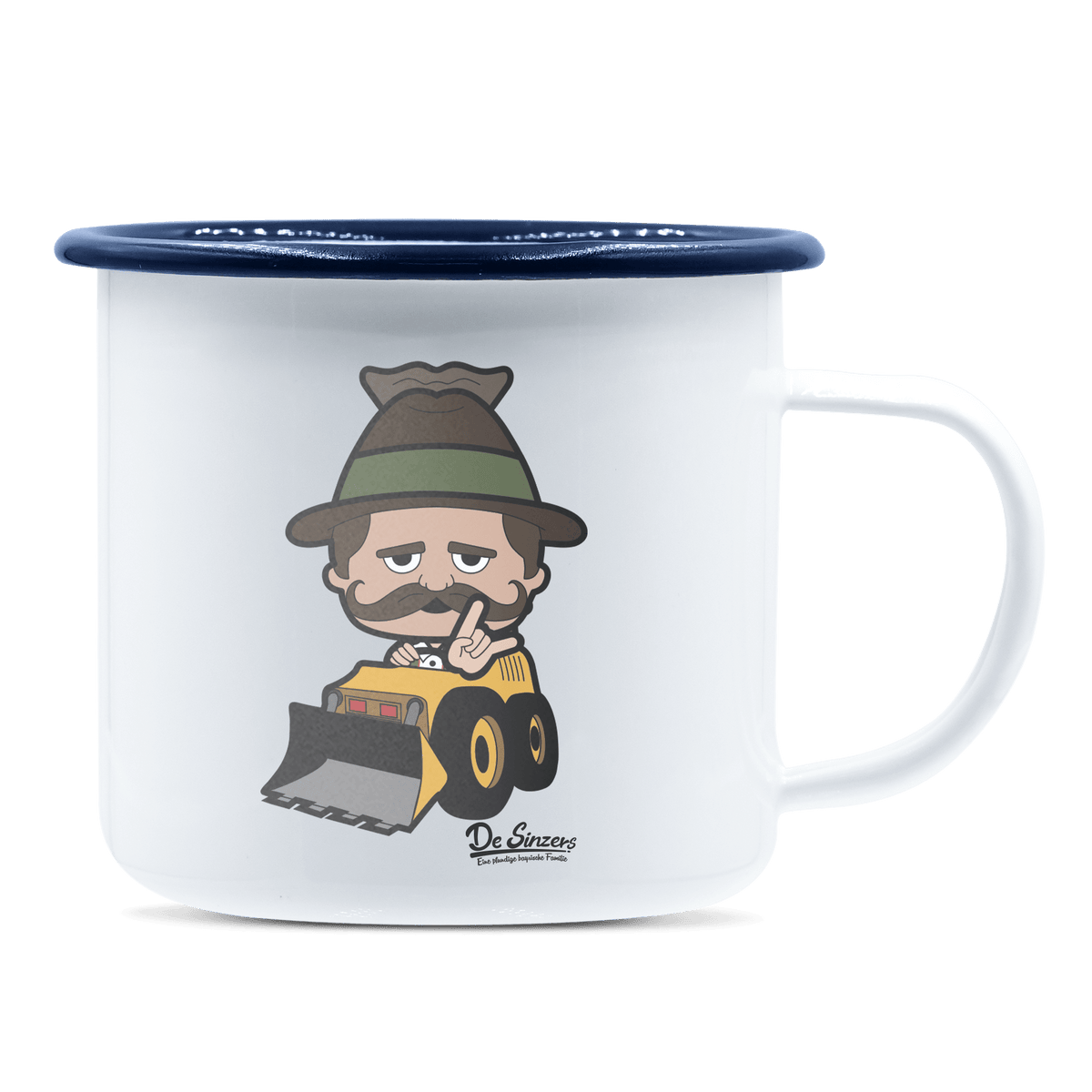 Da Sinzer Baggerfahrer Emaille Tasse 375ml Weiss Blau Heuberg Front