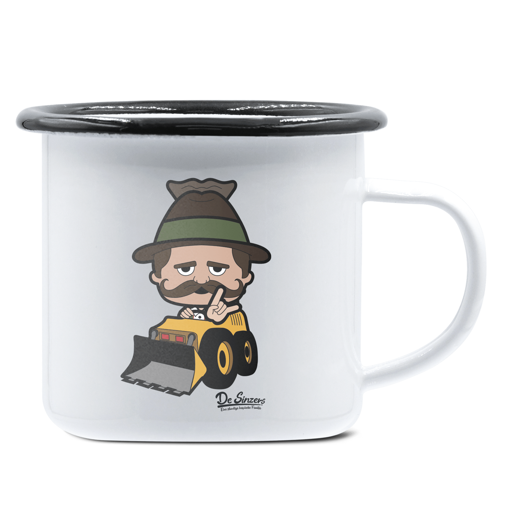 Da Sinzer Baggerfahrer Emaille Tasse 375ml Weiss Schwarz Hochries Front