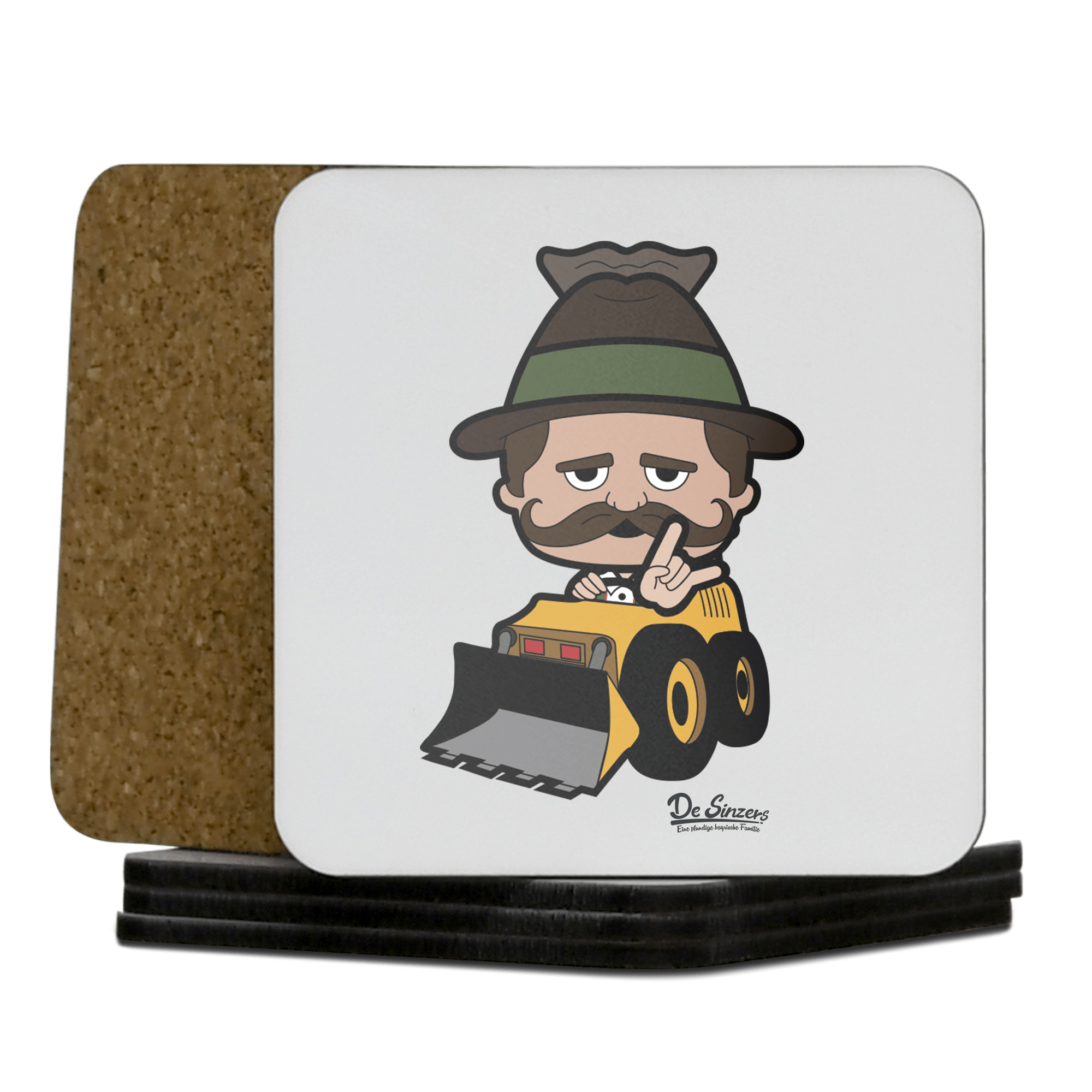 Da Sinzer Baggerfahrer Korkuntersetzer 5er Set 95 x 95 mm Weiss Karkopf Front