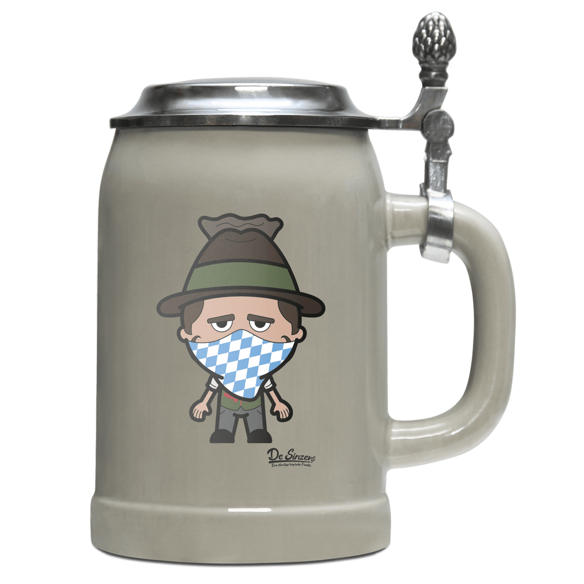 Da Sinzer Bayrisches Mundtuch Bierkrug 500ml Grau mit Deckel Hocheck Front