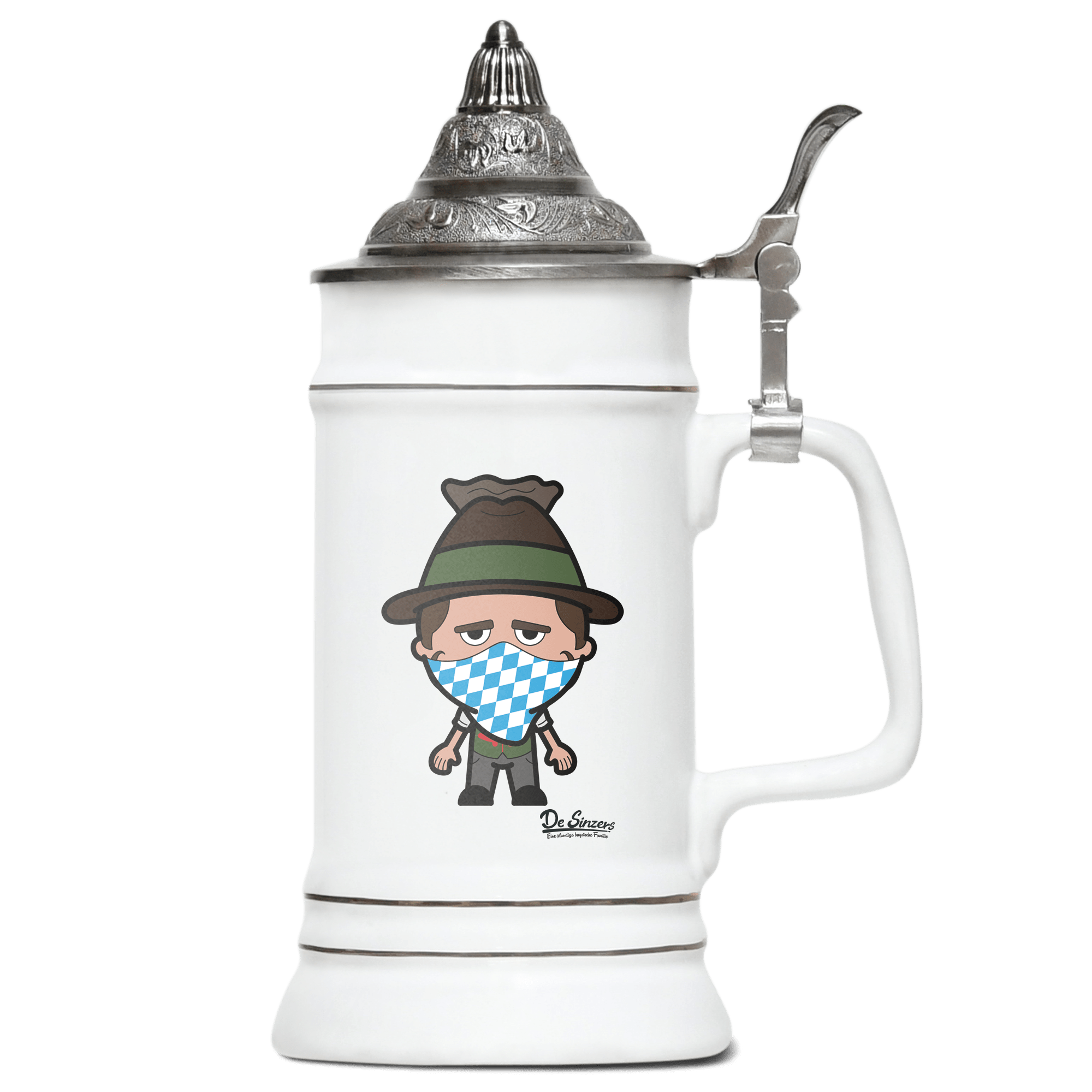 Da Sinzer Bayrisches Mundtuch Bierkrug 500ml Weiss mit Spitzdeckel Wendelstein Front
