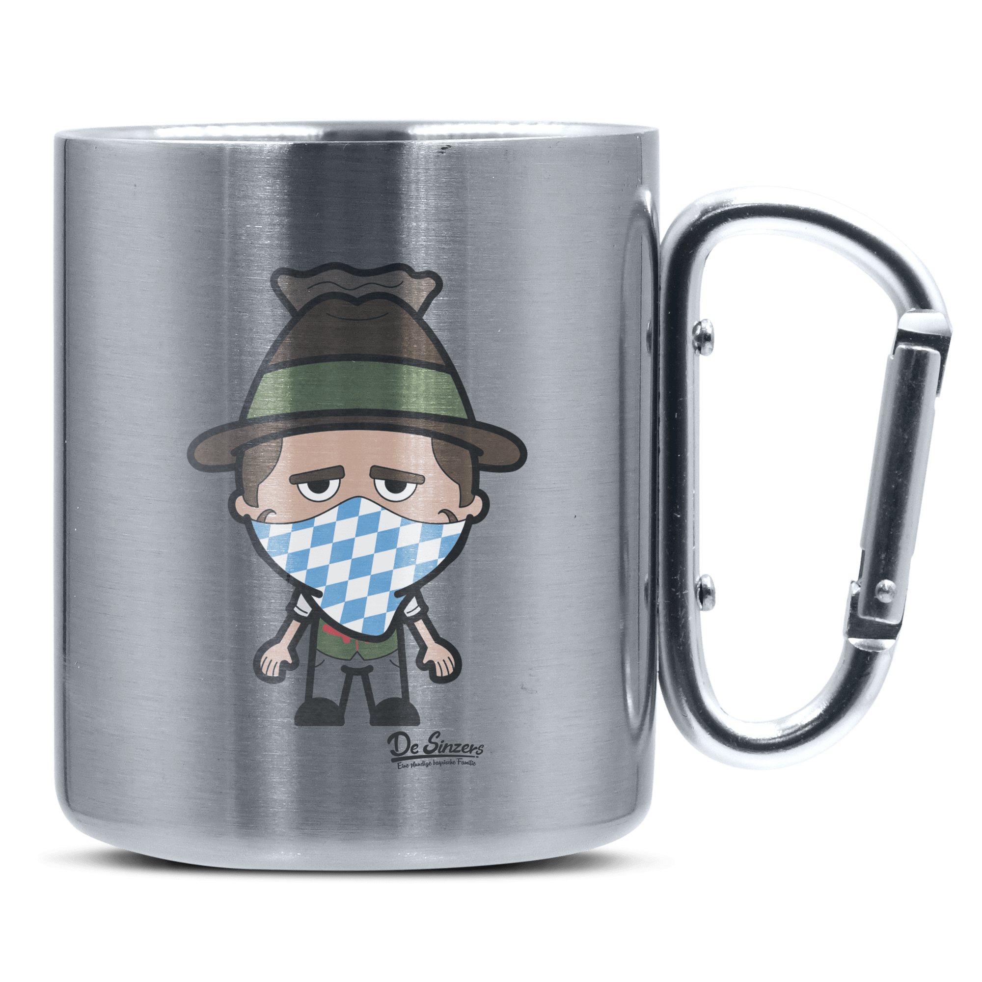 Da Sinzer Bayrisches Mundtuch Edelstahl Kaffeetasse silberer Karabiner 320ml Grosser Traithen Front