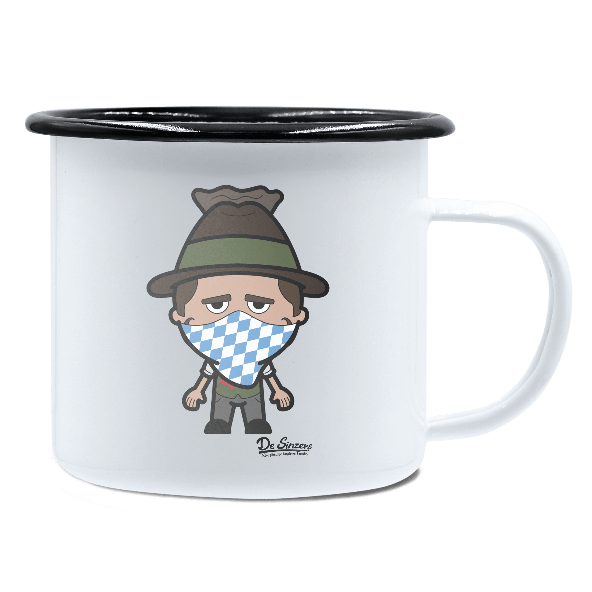 Da Sinzer Bayrisches Mundtuch Emaille Tasse 450ml Weiss Schwarz Spitzstein Front