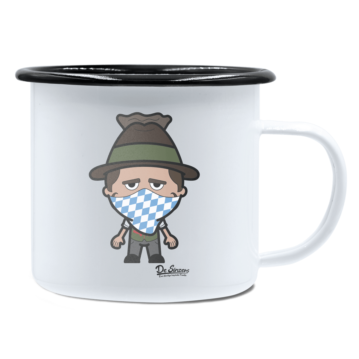 Da Sinzer Bayrisches Mundtuch Emaille Tasse 450ml Weiss Schwarz Spitzstein Front