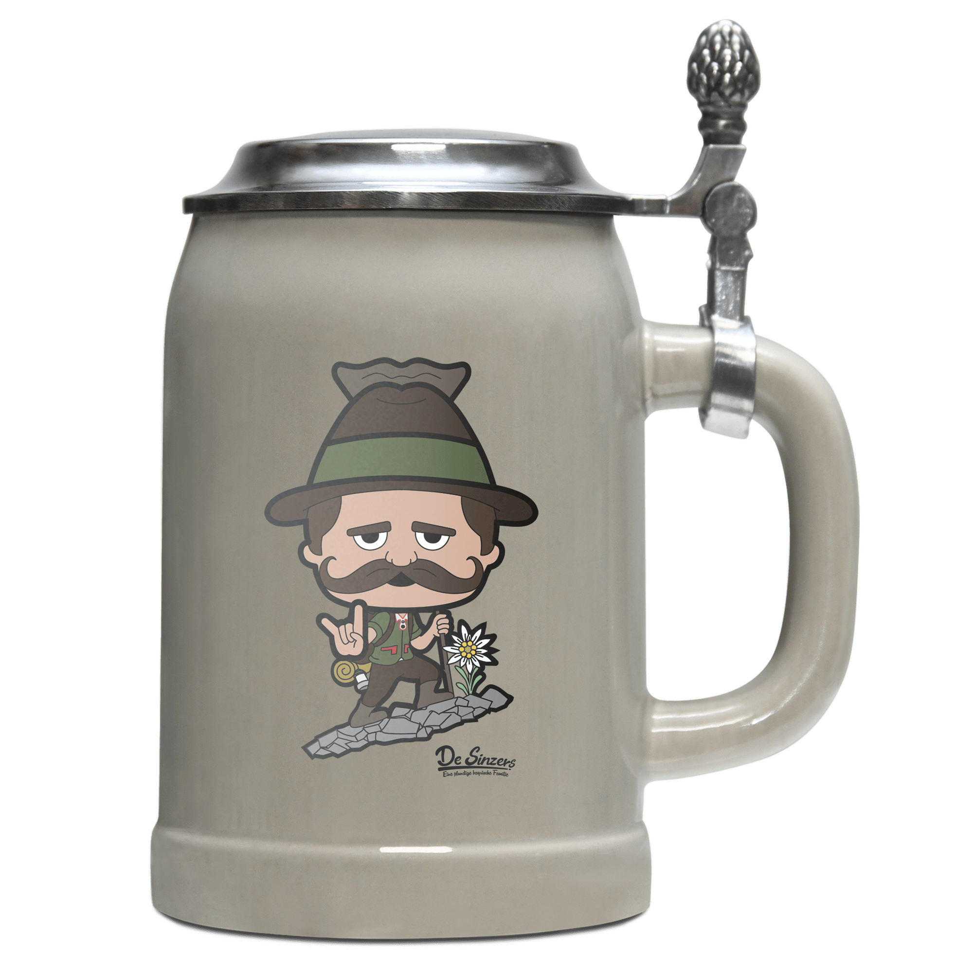 Da Sinzer Bergsteiger Bierkrug 500ml Grau mit Deckel Hocheck Front
