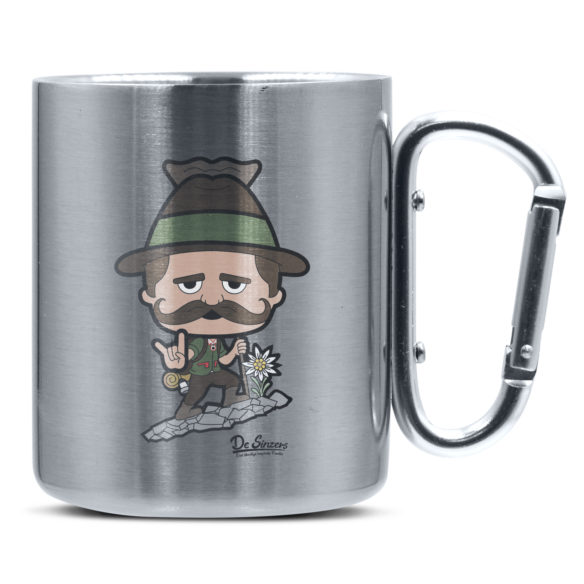 Da Sinzer Bergsteiger Edelstahl Kaffeetasse silberer Karabiner 320ml Grosser Traithen Front