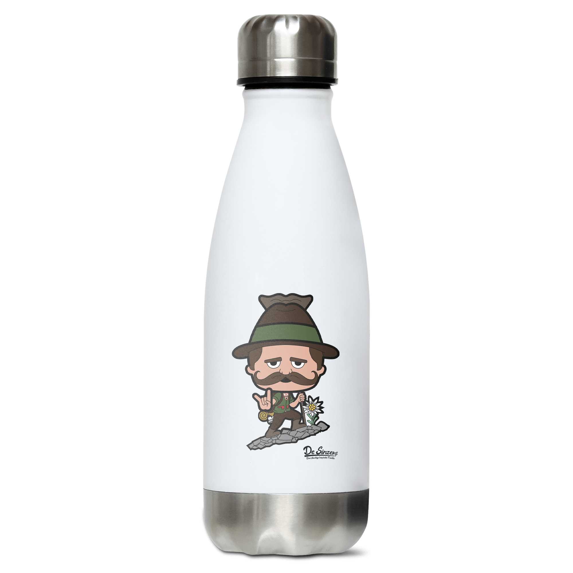Da Sinzer Bergsteiger Edelstahl Thermoflasche 350ml Weiss Silber Kreuzspitze Front