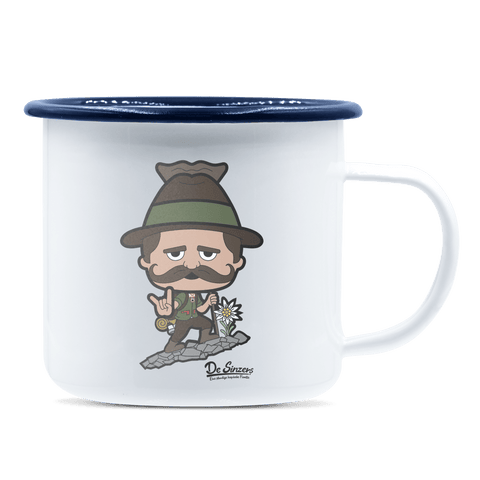 Da Sinzer Bergsteiger Emaille Tasse 375ml Weiss Blau Heuberg Front