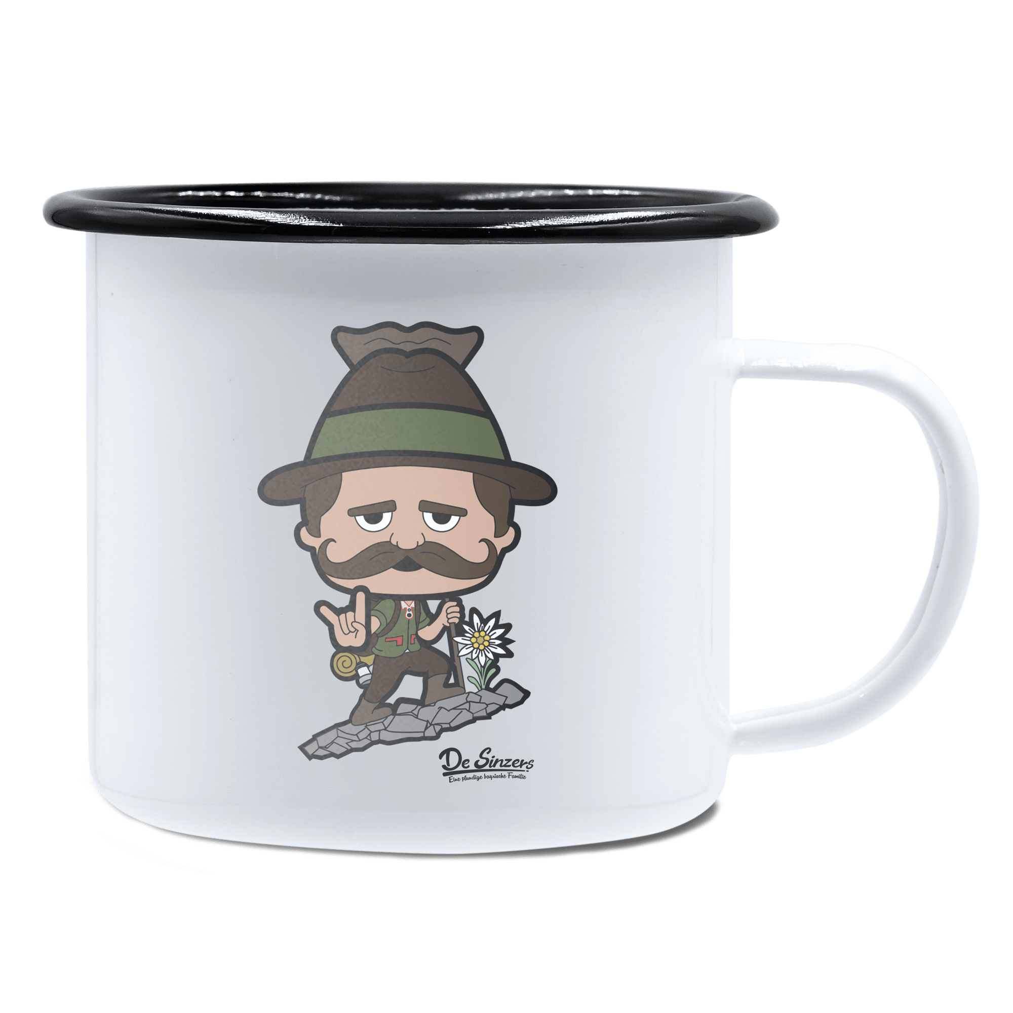 Da Sinzer Bergsteiger Emaille Tasse 450ml Weiss Schwarz Spitzstein Front