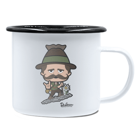 Da Sinzer Bergsteiger Emaille Tasse 450ml Weiss Schwarz Spitzstein Front