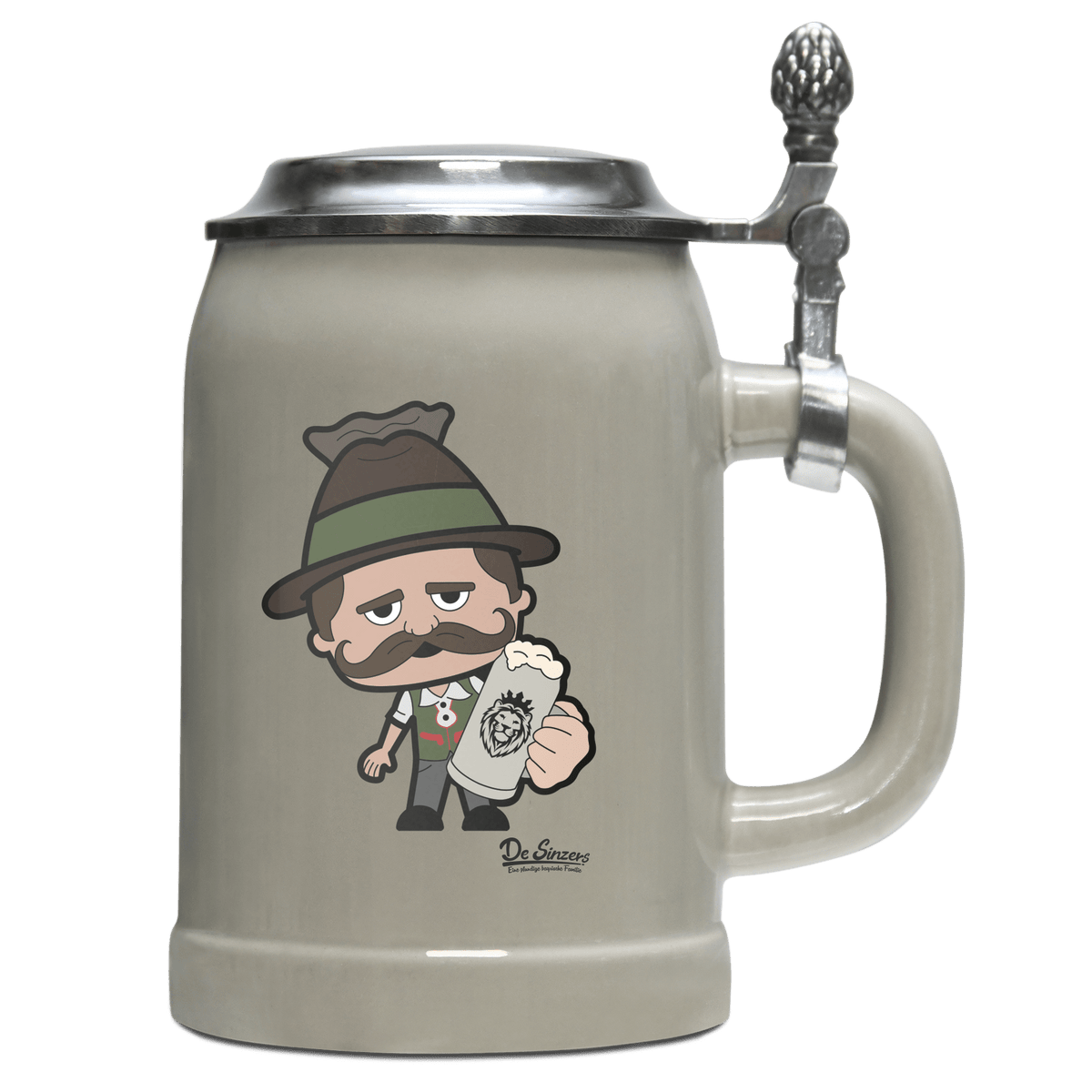 Da Sinzer Bier Bierkrug 500ml Grau mit Deckel Hocheck Front