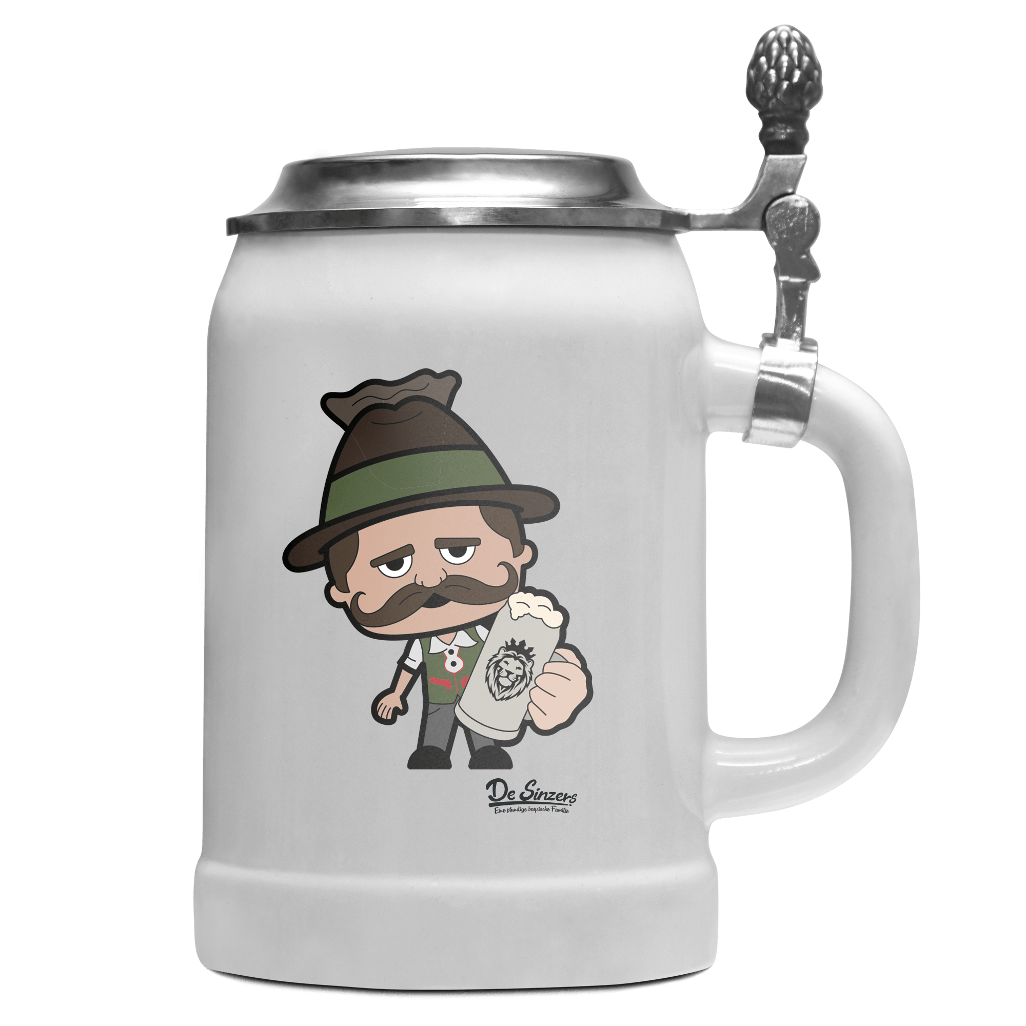 Da Sinzer Bier Bierkrug 500ml Weiss mit Deckel Wetterspitzen Front