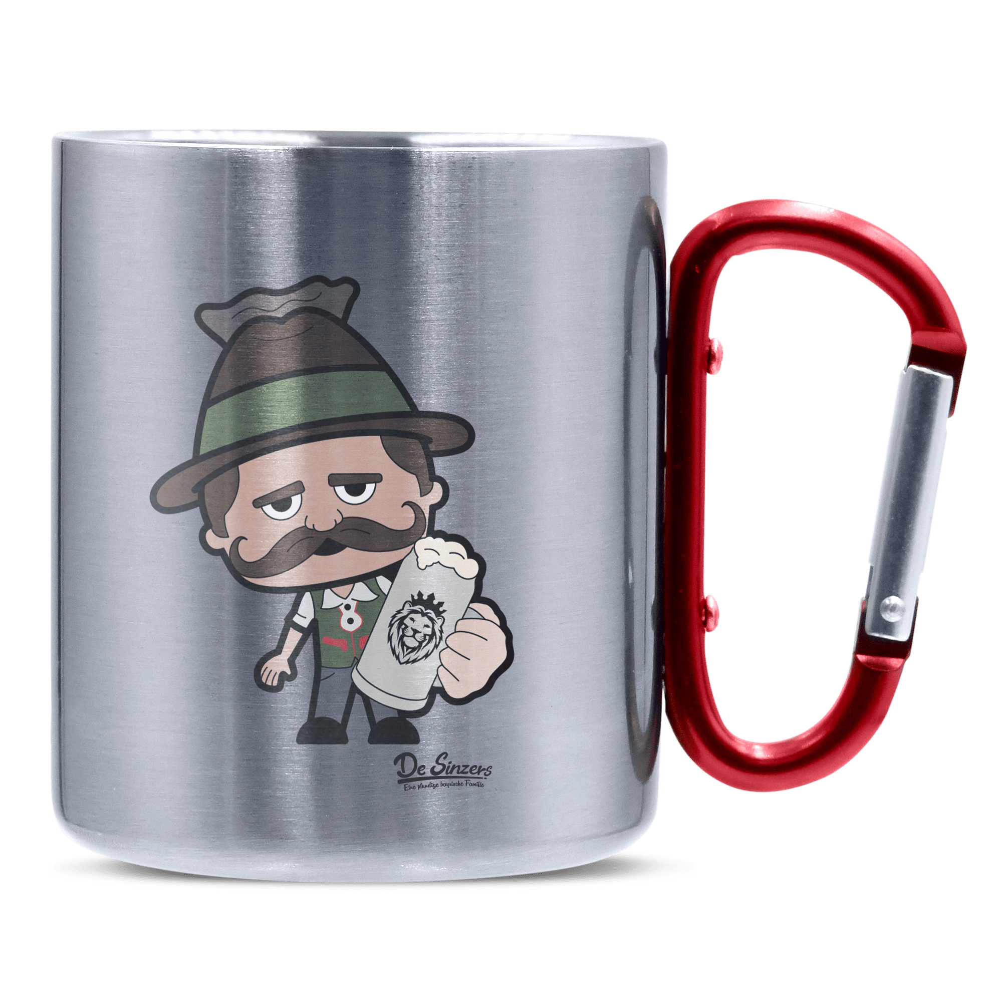 Da Sinzer Bier Edelstahl Kaffeetasse roter Karabiner 320ml Kitzstein Front