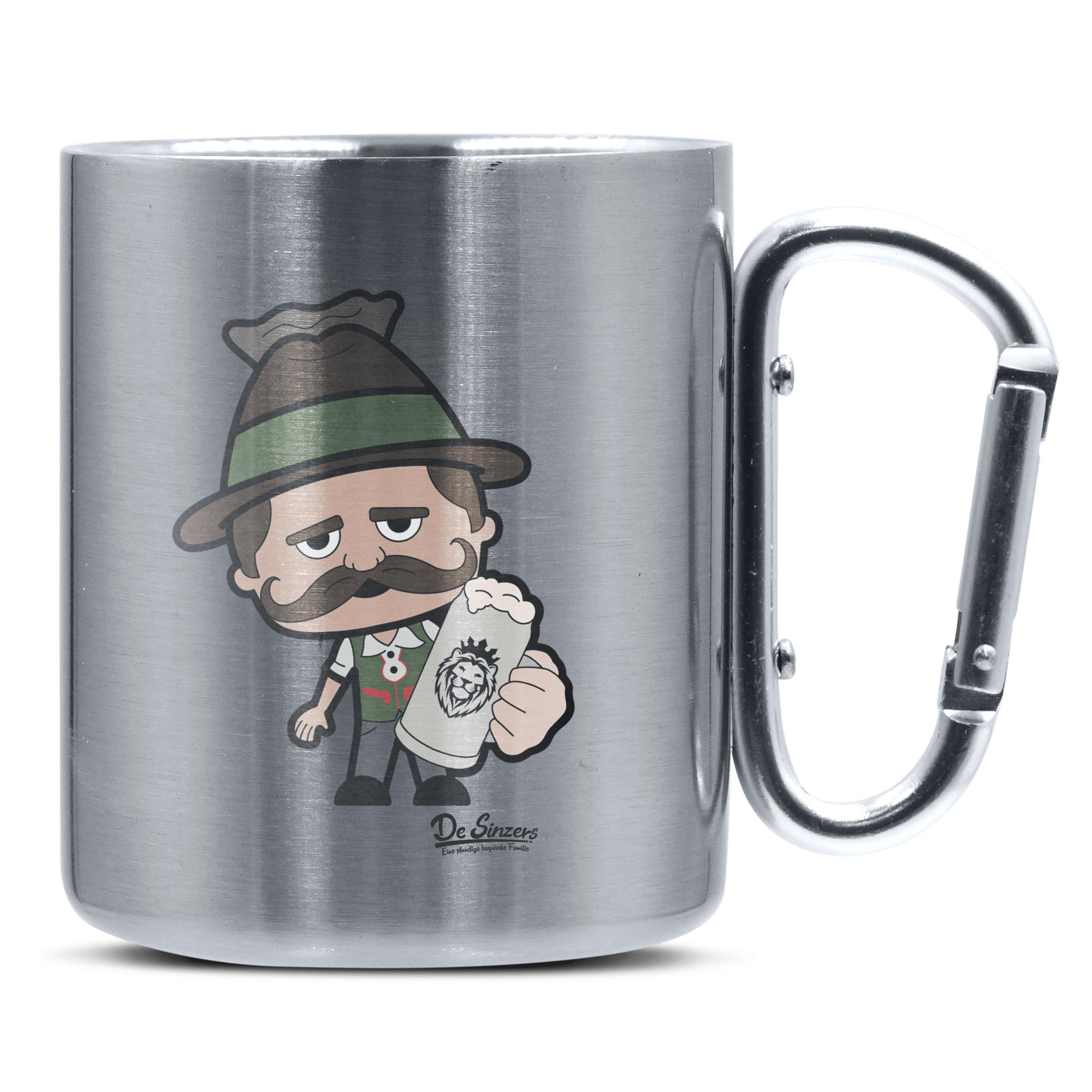 Da Sinzer Bier Edelstahl Kaffeetasse silberer Karabiner 320ml Grosser Traithen Front