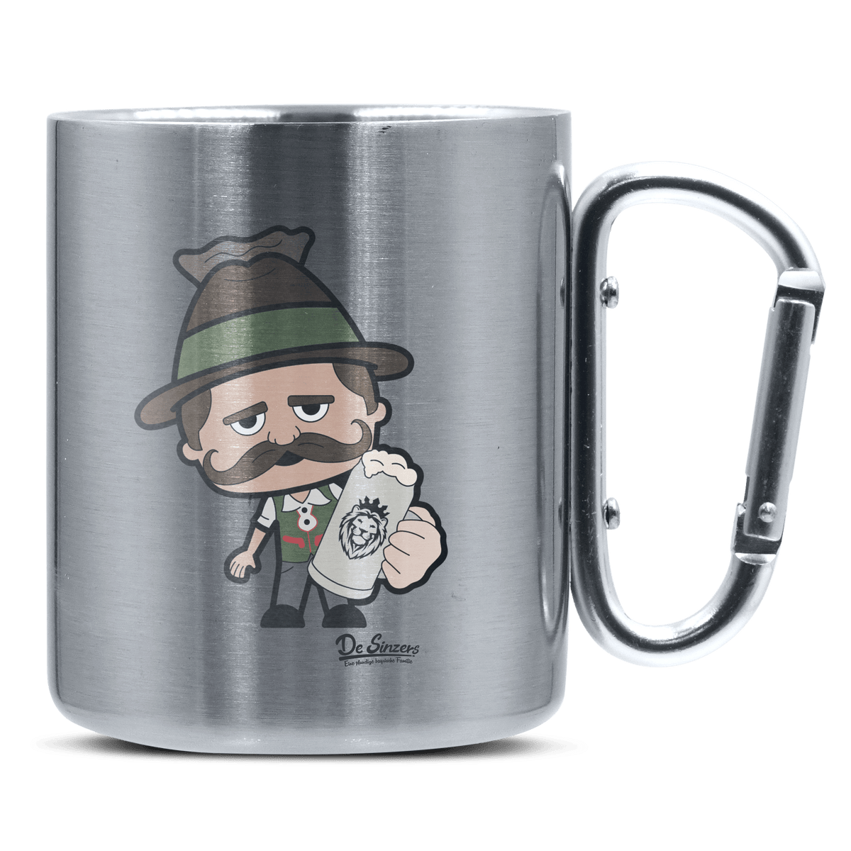 Da Sinzer Bier Edelstahl Kaffeetasse silberer Karabiner 320ml Grosser Traithen Front