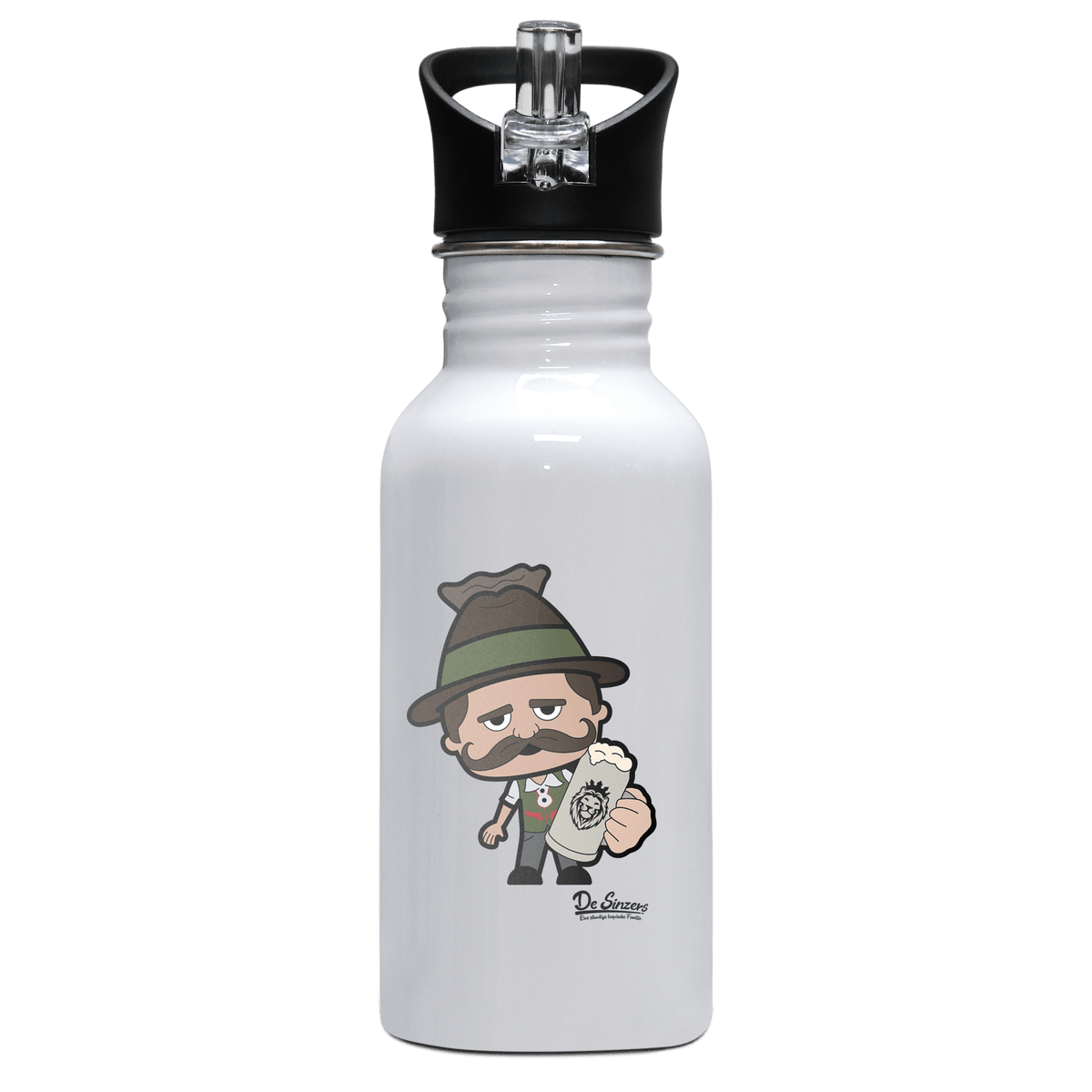 Da Sinzer Bier Edelstahl Trinkflasche mit klappbarem Mundstueck 500ml Weiss Rotwand Front