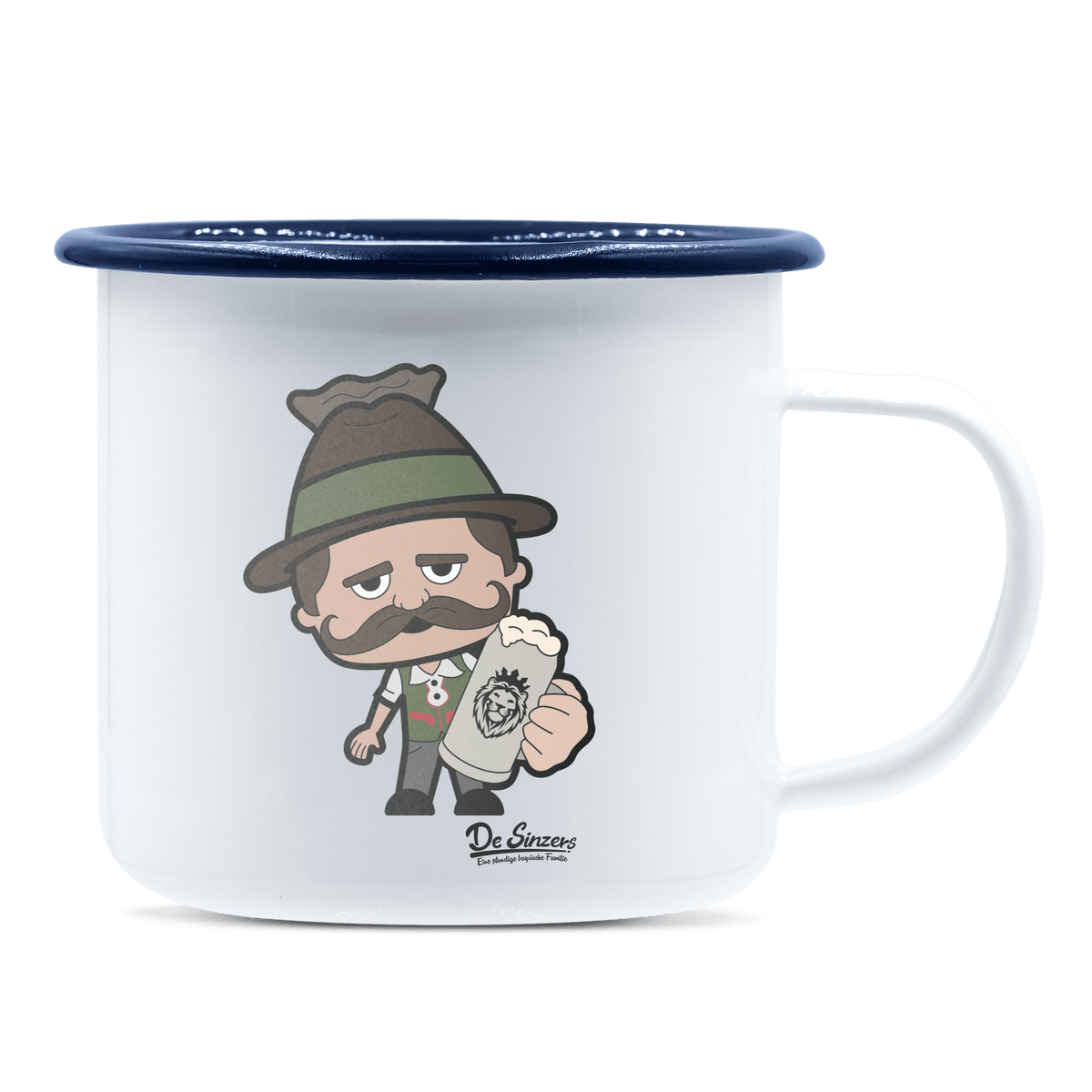 Da Sinzer Bier Emaille Tasse 375ml Weiss Blau Heuberg Front