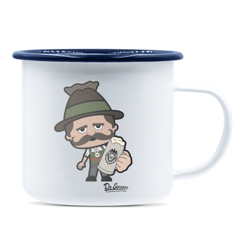 Da Sinzer Bier Emaille Tasse 375ml Weiss Blau Heuberg Front