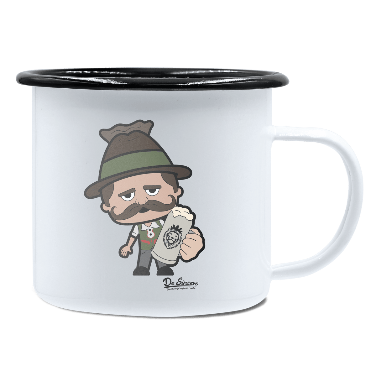 Da Sinzer Bier Emaille Tasse 450ml Weiss Schwarz Spitzstein Front