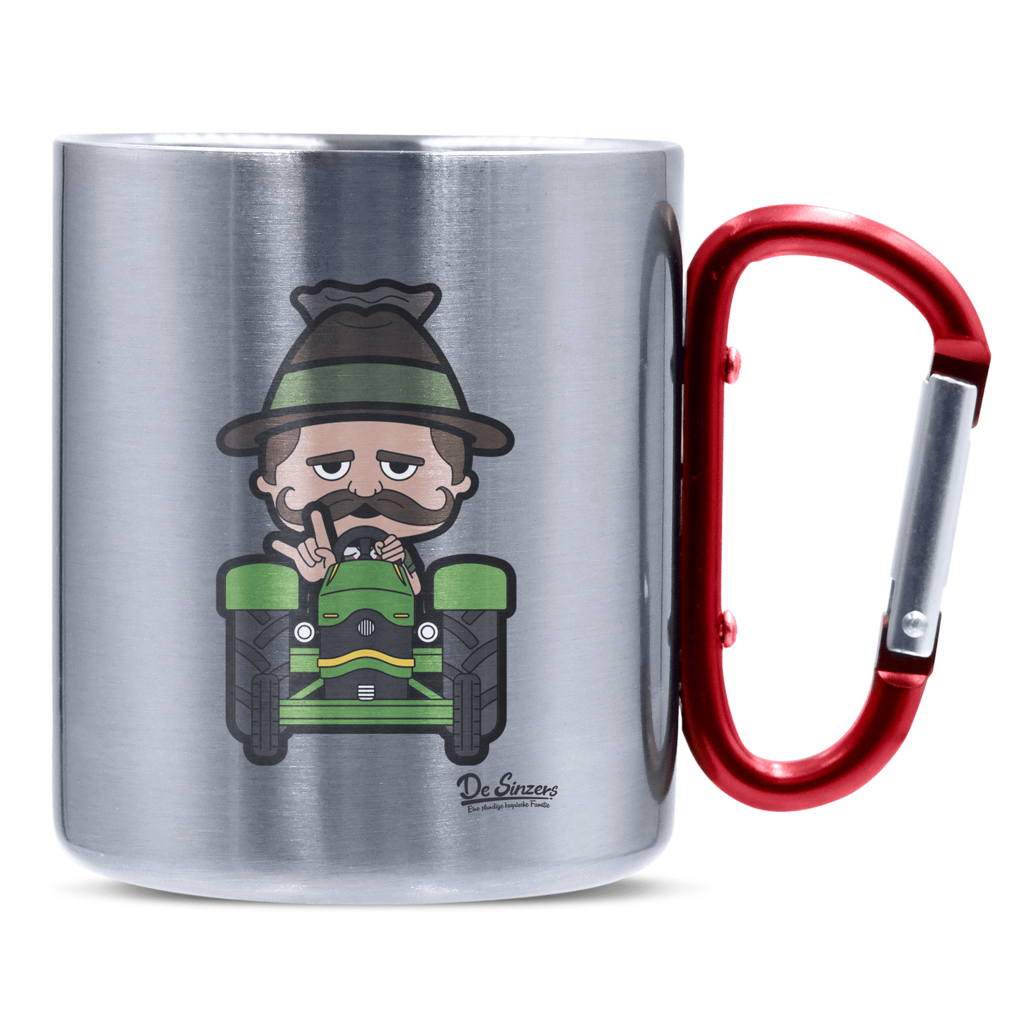 Da Sinzer Bulldog Edelstahl Kaffeetasse roter Karabiner 320ml Kitzstein Front