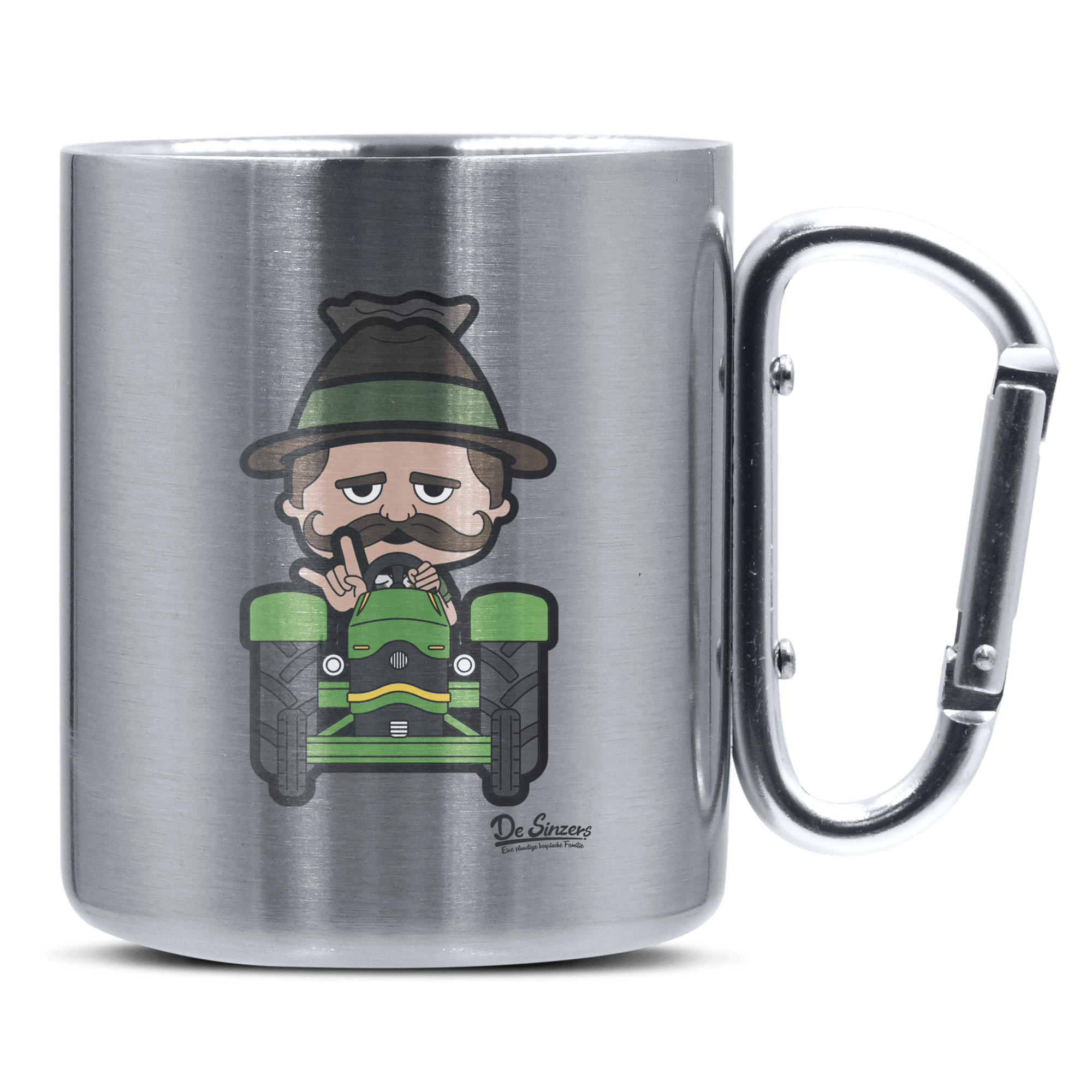 Da Sinzer Bulldog Edelstahl Kaffeetasse silberer Karabiner 320ml Grosser Traithen Front