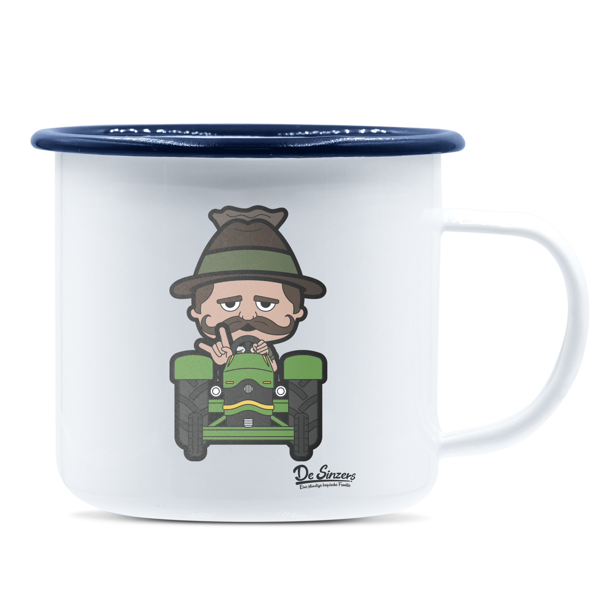 Da Sinzer Bulldog Emaille Tasse 375ml Weiss Blau Heuberg Front