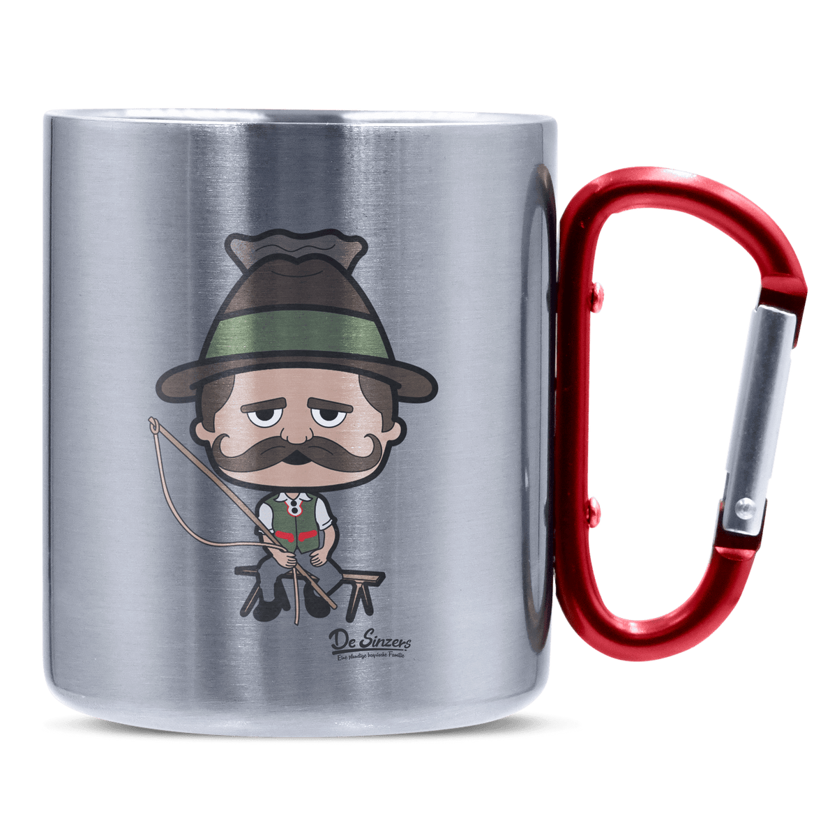 Da Sinzer Goaßlschnoizer Edelstahl Kaffeetasse roter Karabiner 320ml Kitzstein Front