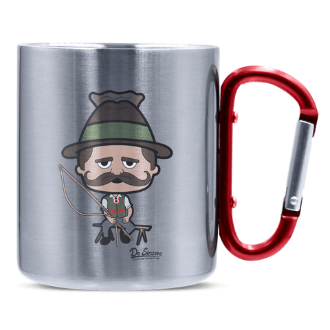 Da Sinzer Goaßlschnoizer Edelstahl Kaffeetasse roter Karabiner 320ml Kitzstein Front