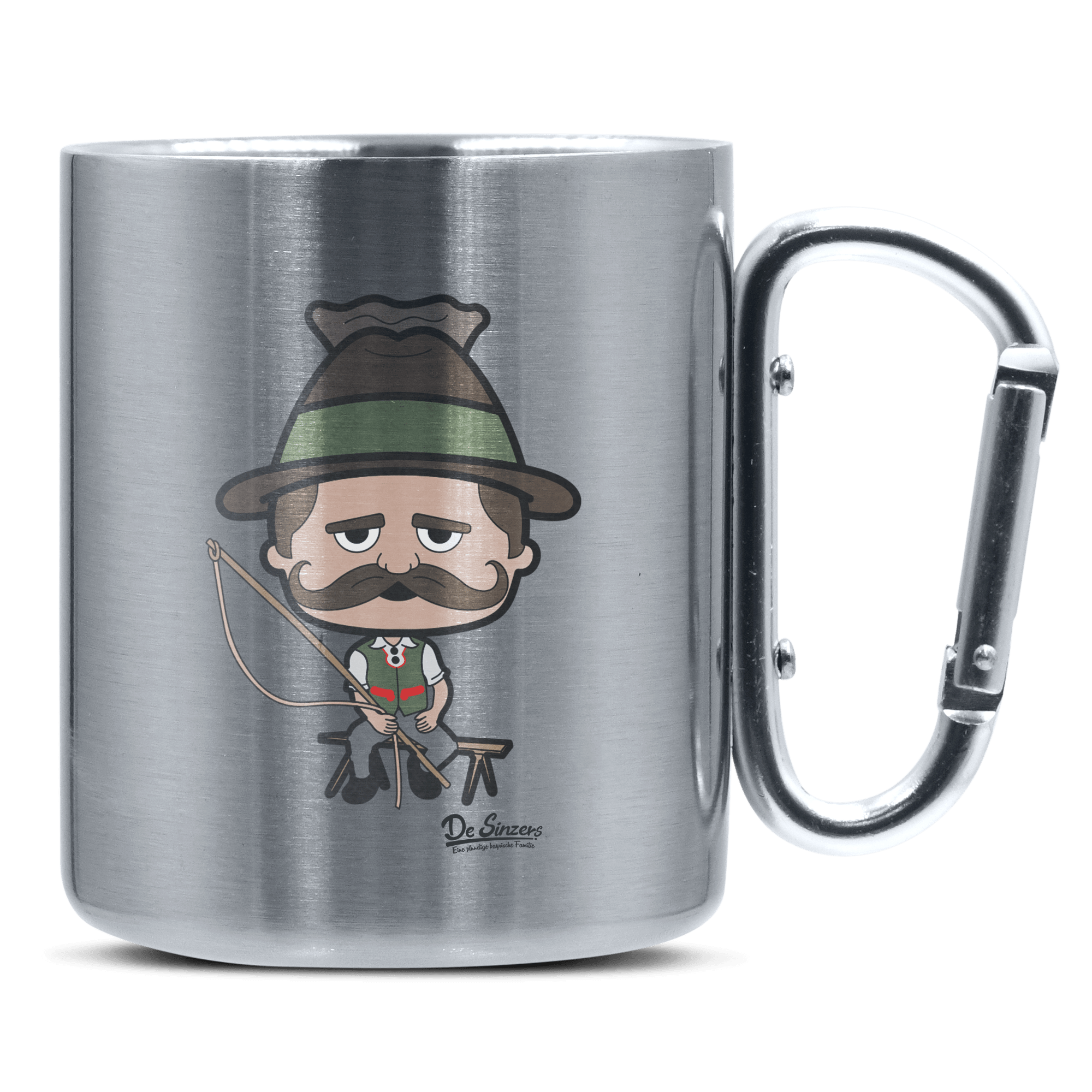 Da Sinzer Goaßlschnoizer Edelstahl Kaffeetasse silberer Karabiner 320ml Grosser Traithen Front