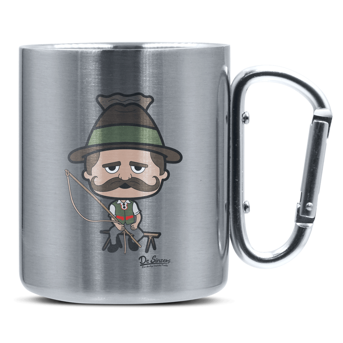 Da Sinzer Goaßlschnoizer Edelstahl Kaffeetasse silberer Karabiner 320ml Grosser Traithen Front