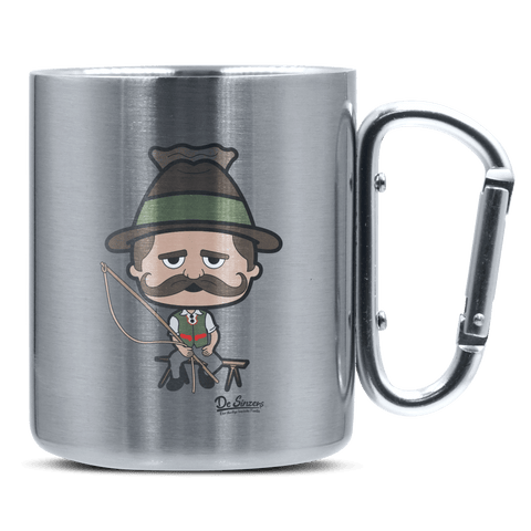Da Sinzer Goaßlschnoizer Edelstahl Kaffeetasse silberer Karabiner 320ml Grosser Traithen Front