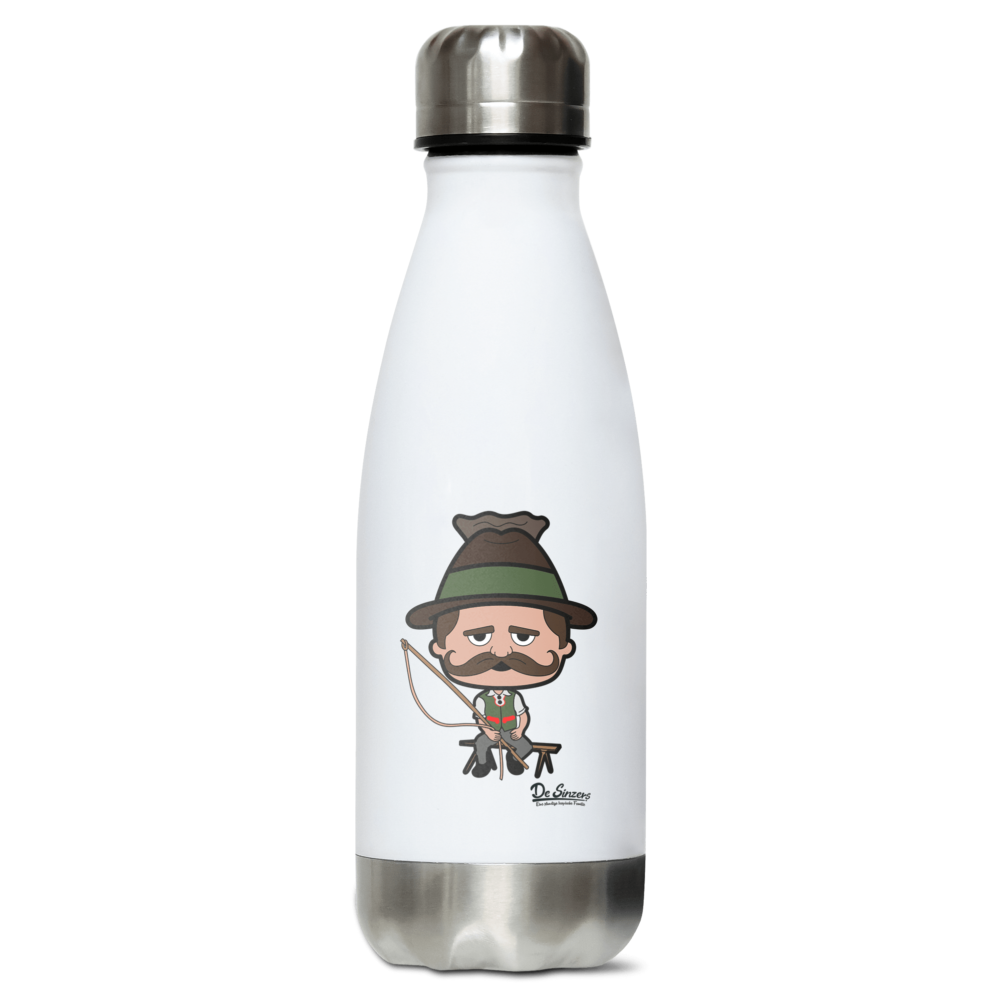 Da Sinzer Goasslschnoizer Edelstahl Thermoflasche 350ml Weiss Silber Kreuzspitze Front