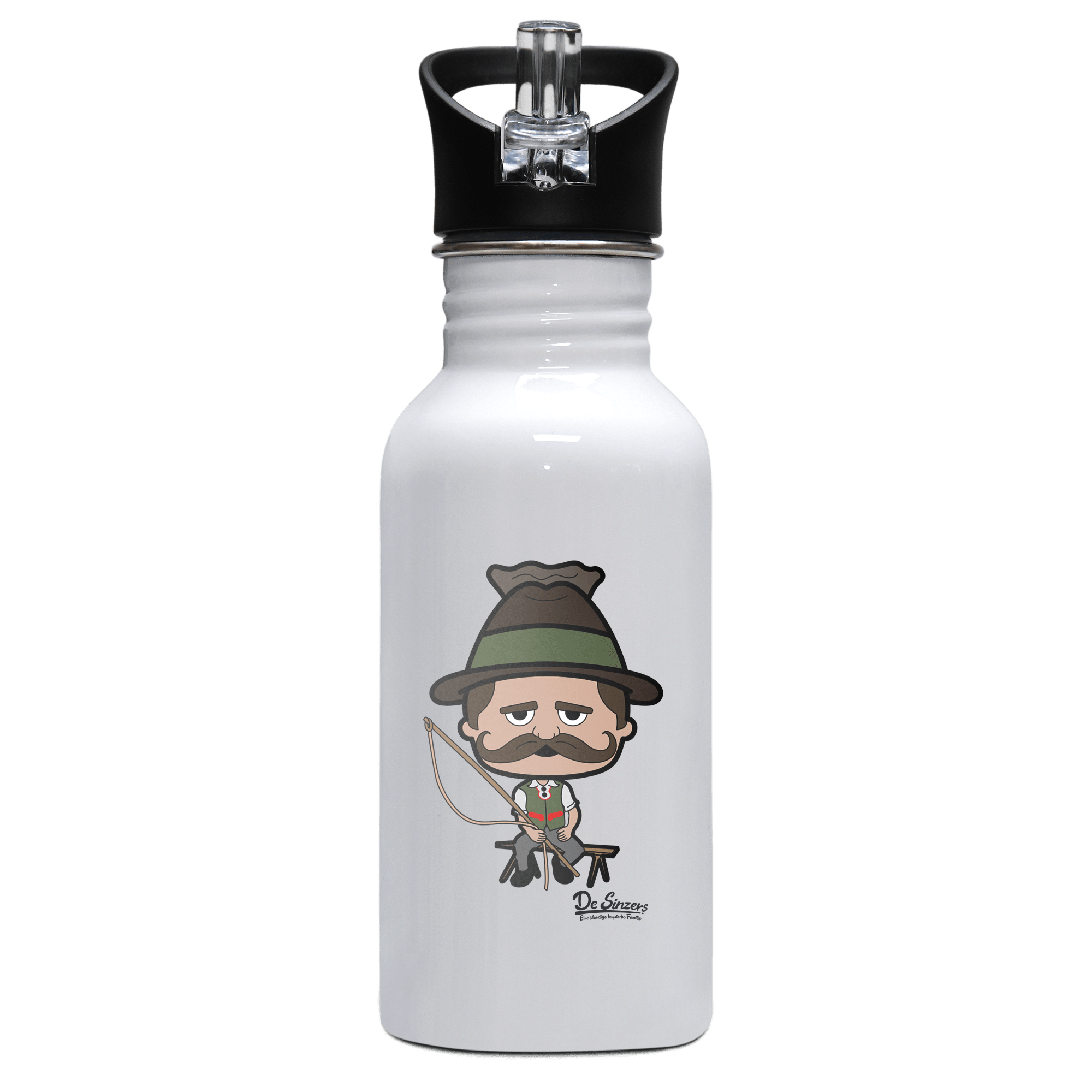 Da Sinzer Goaßlschnoizer Edelstahl Trinkflasche mit klappbarem Mundstueck 500ml Weiss Rotwand Front