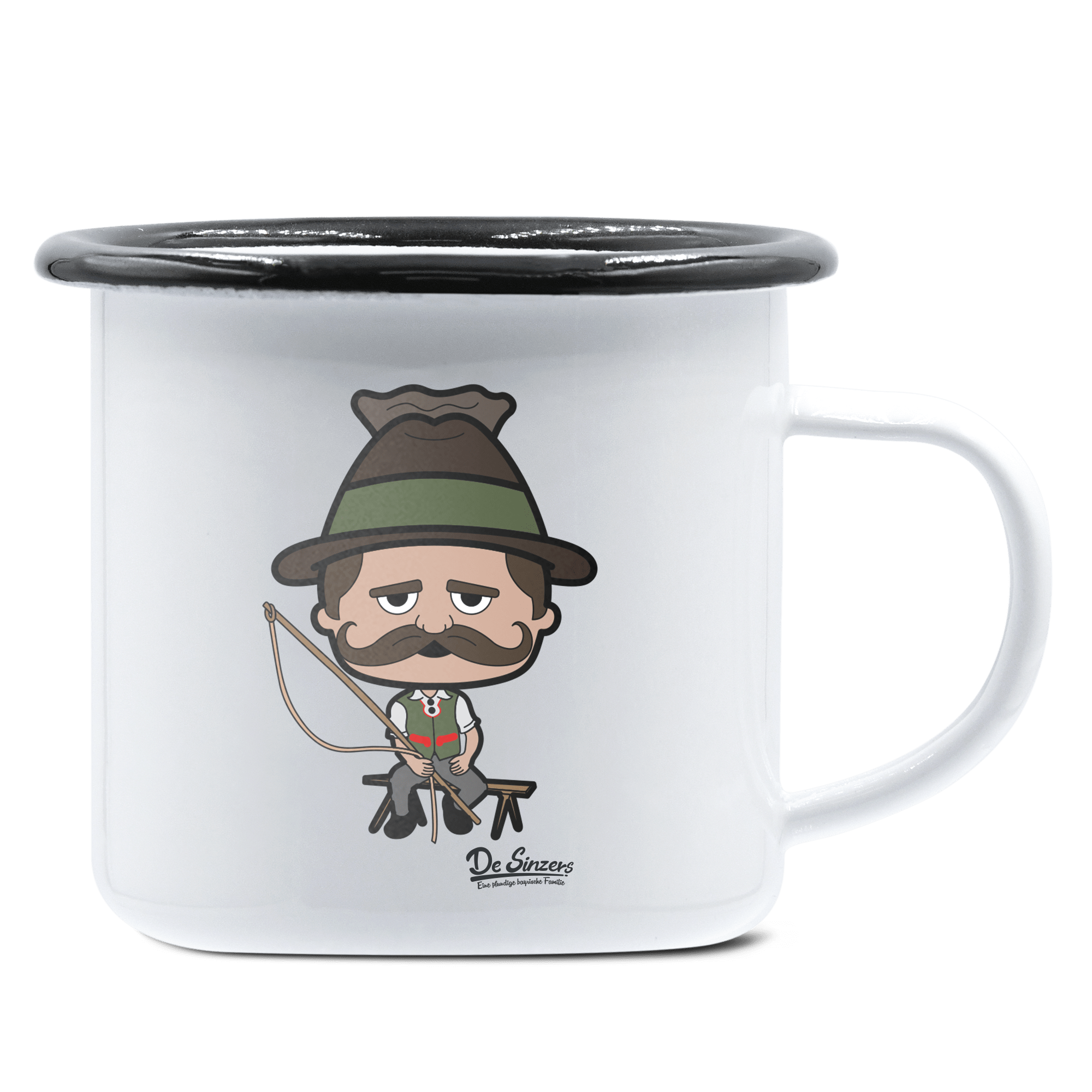 Da Sinzer Goasslschnoizer Emaille Tasse 375ml Weiss Schwarz Hochries Front