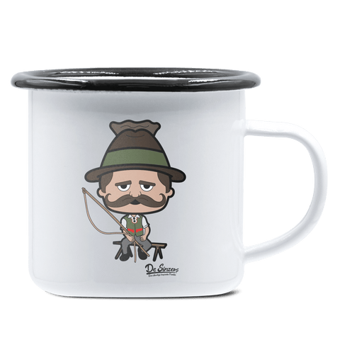 Da Sinzer Goasslschnoizer Emaille Tasse 375ml Weiss Schwarz Hochries Front