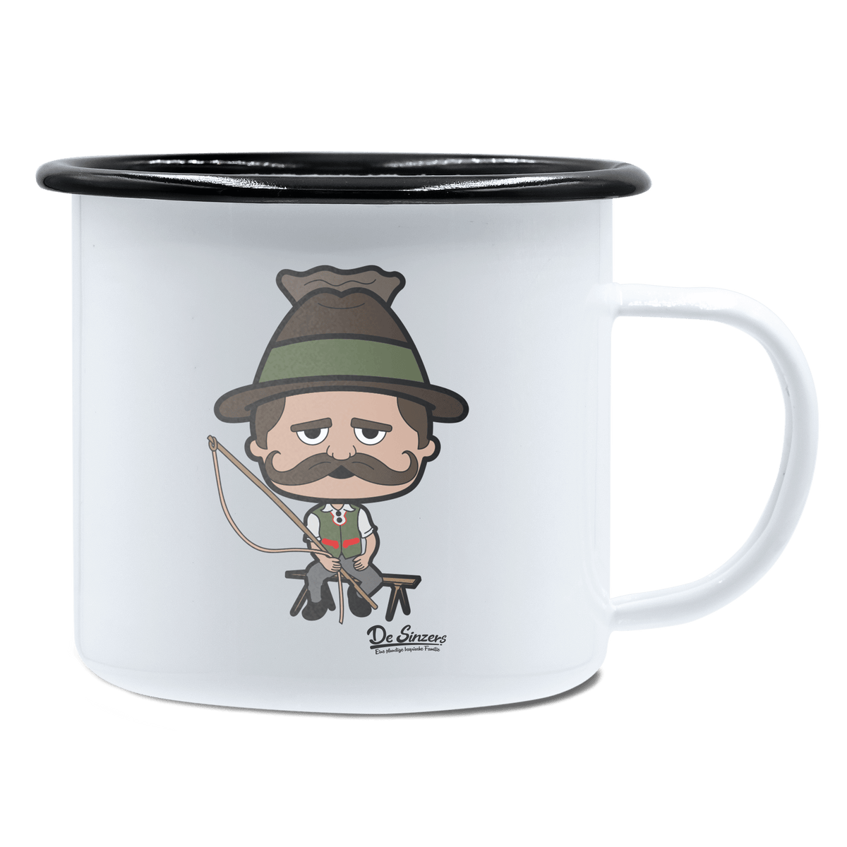 Da Sinzer Goasslschnoizer Emaille Tasse 450ml Weiss Schwarz Spitzstein Front