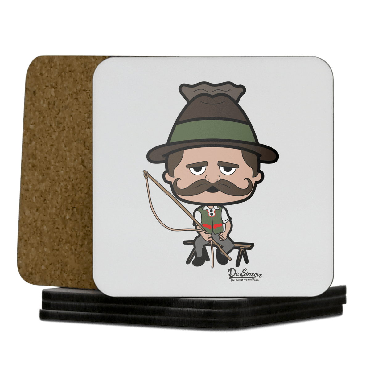 Da Sinzer Goaßlschnoizer Korkuntersetzer 5er Set 95 x 95 mm Weiss Karkopf Front